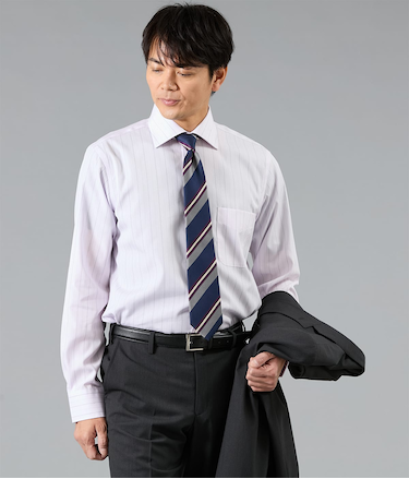 NY CARE FREE ストライプ 長袖ワイドカラーシャツ