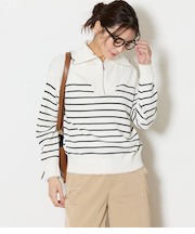 【手洗い可能】コットン片畔ボーダー ハーフジップニットプルオーバー