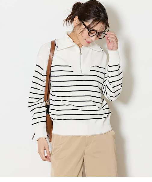 【手洗い可能】コットン片畔ボーダー ハーフジップニットプルオーバー