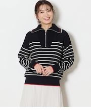 【手洗い可能】コットン片畔ボーダー ハーフジップニットプルオーバー