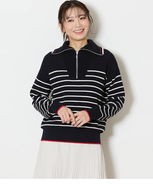 【手洗い可能】コットン片畔ボーダー ハーフジップニットプルオーバー