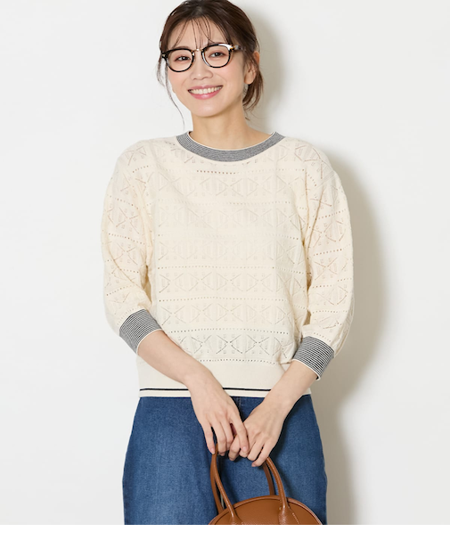 【手洗い可能】クロッシェ編み透かし柄 7分袖プルオーバー