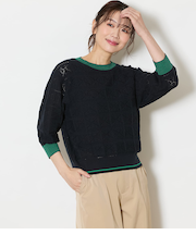 【手洗い可能】クロッシェ編み透かし柄 7分袖プルオーバー