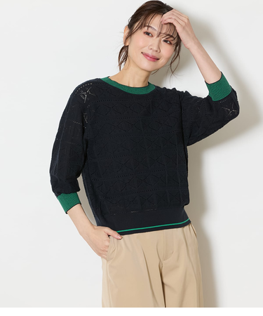 【手洗い可能】クロッシェ編み透かし柄 7分袖プルオーバー