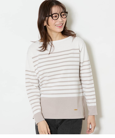 【手洗い可能】コットン天竺 パネルボーダーニットプルオーバー