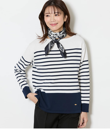 【手洗い可能】コットン天竺 パネルボーダーニットプルオーバー