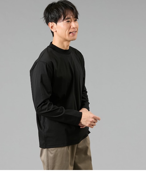 NY CARE FREE 長袖 モックネック ドレスTシャツ(ブラック