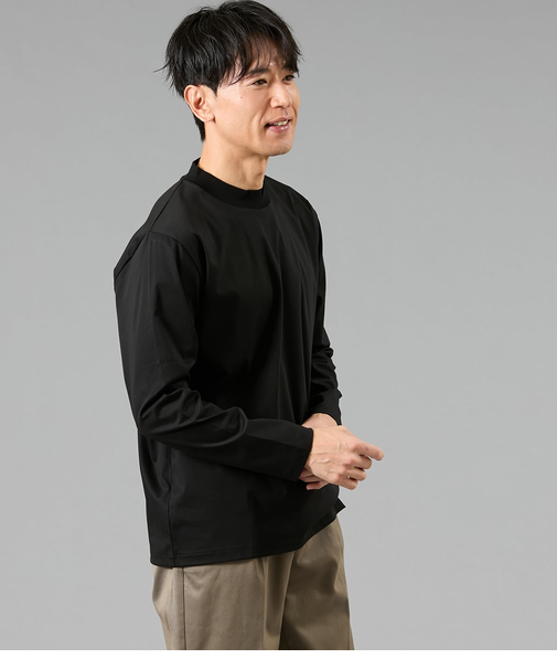 NY CARE FREE 長袖 モックネック ドレスTシャツ(ブラック)