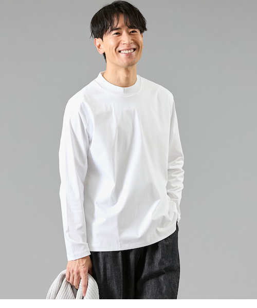 NY CARE FREE 長袖 モックネック ドレスTシャツ(ホワイト