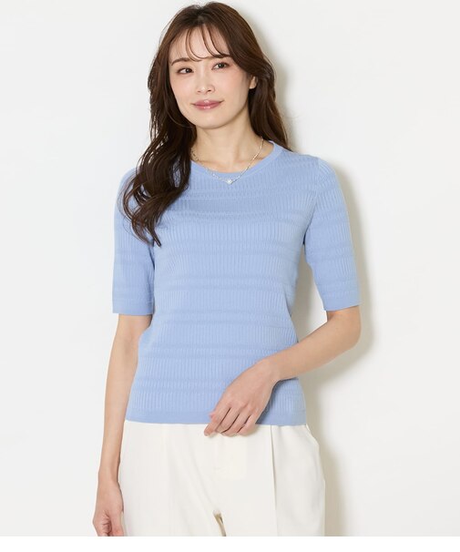 セルロースポリエステル リブクルーネック5分袖プルオーバー