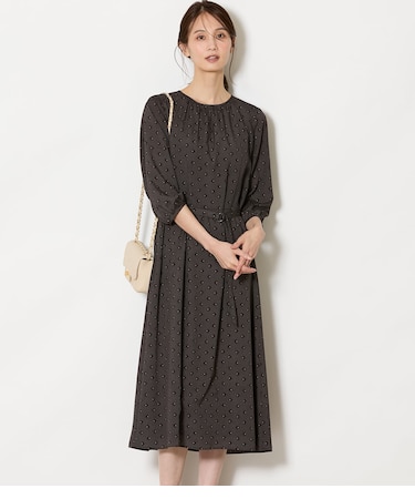 ダイヤドットプリント ベルト付きギャザーワンピース