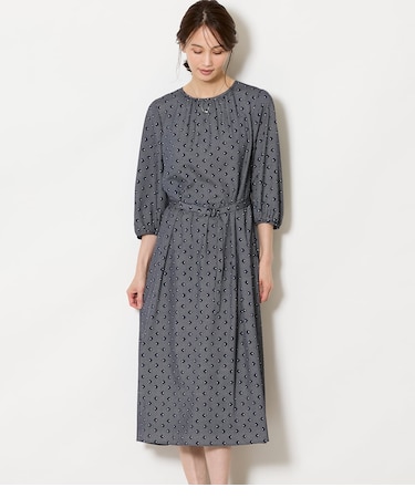 ダイヤドットプリント ベルト付きギャザーワンピース