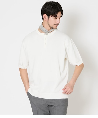 【ウォッシャブル】ヘンリーネック ハーフスリーブニット
