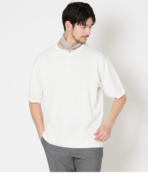 【ウォッシャブル】ヘンリーネック ハーフスリーブニット