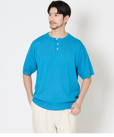 【ウォッシャブル】ヘンリーネック ハーフスリーブニット