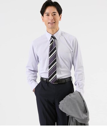 【接触冷感・吸水速乾・ストレッチ・通気性】トリコットストライプ 長袖ボタンダウンシャツ