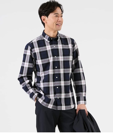 シアサッカー ビッグチェック 長袖ショートボタンダウンシャツ