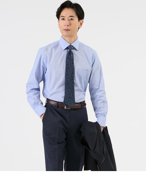 Easy Care ハケメシャンブレー 長袖ワイドカラーシャツ