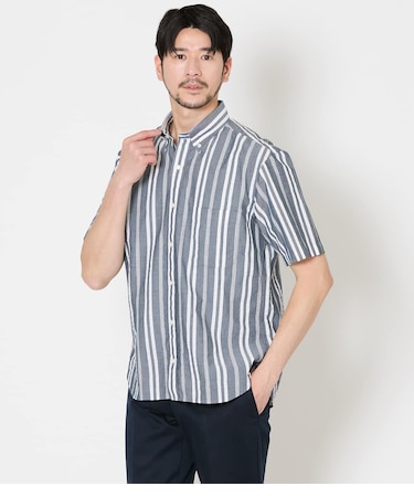 【吸水速乾】ワイドストライプ サッカー 半袖ショートボタンダウンシャツ