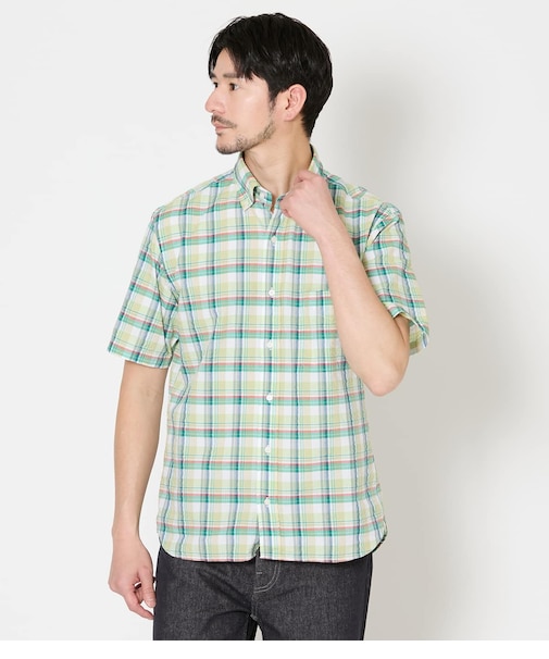 【吸水速乾】マルチチェック サッカー 半袖ショートボタンダウンシャツ