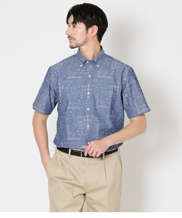 ペイズリージャカード 半袖ショートボタンダウンシャツ