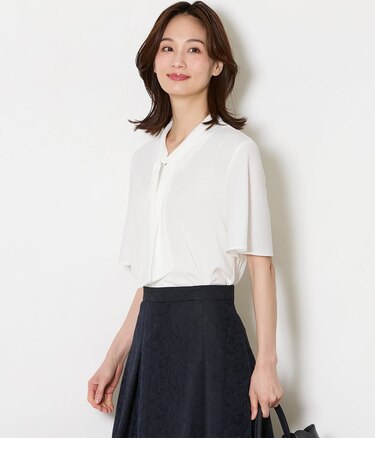 ソフトジョーゼット フレア5分袖ボウタイブラウス