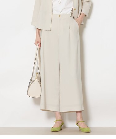 【接触冷感・UVカット・ウォッシャブル・防しわ】リネンライクドライブレンド タックワイドパンツ(ベージュ)