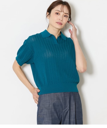 強撚コットン 透かし編み柄ニットポロ