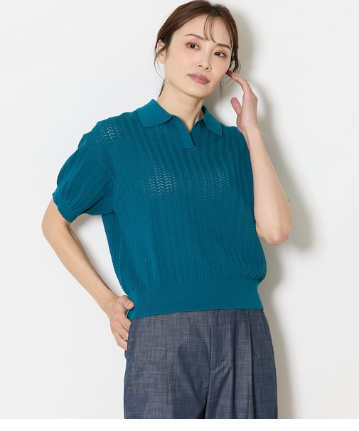 強撚コットン 透かし編み柄ニットポロ