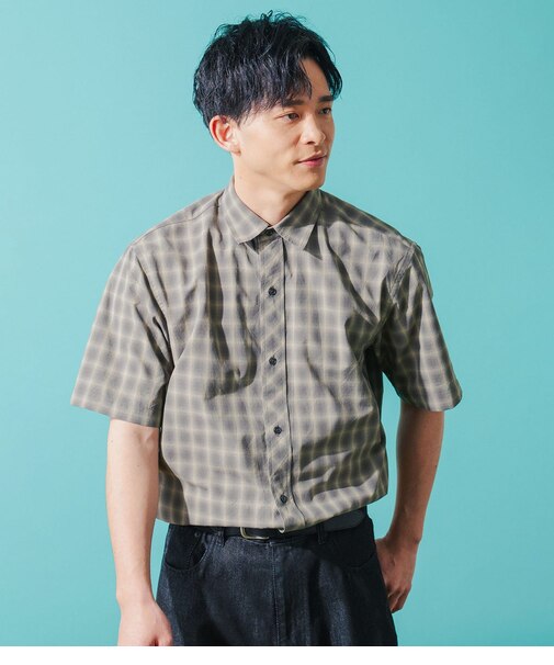 【ドライタッチ・ワッシャー加工・着回し】オンブレーチェック 半袖スマートカラーシャツ