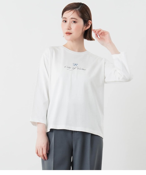 N刺繍プリント7分袖Tシャツ