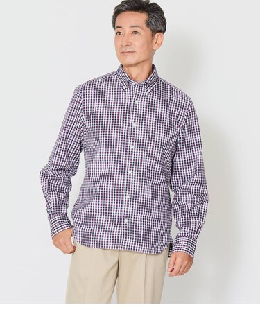 ピケ チェック 長袖ショートボタンダウンシャツ
