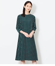 ダイヤ小紋プリント キーネック7分袖ワンピース