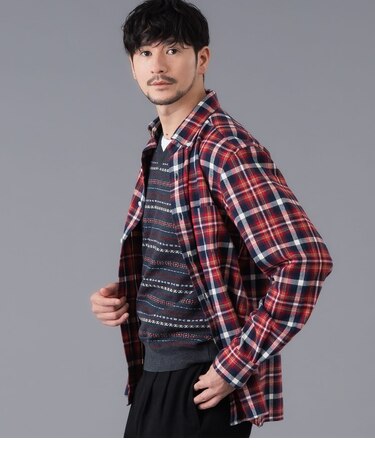 ネル レッド×ネイビータータン 長袖ショートボタンダウンシャツ