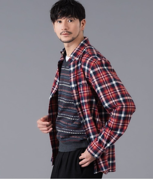ネル レッド×ネイビータータン 長袖ショートボタンダウンシャツ