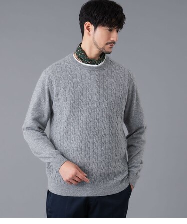 カシミヤ ケーブル クルーネックニット