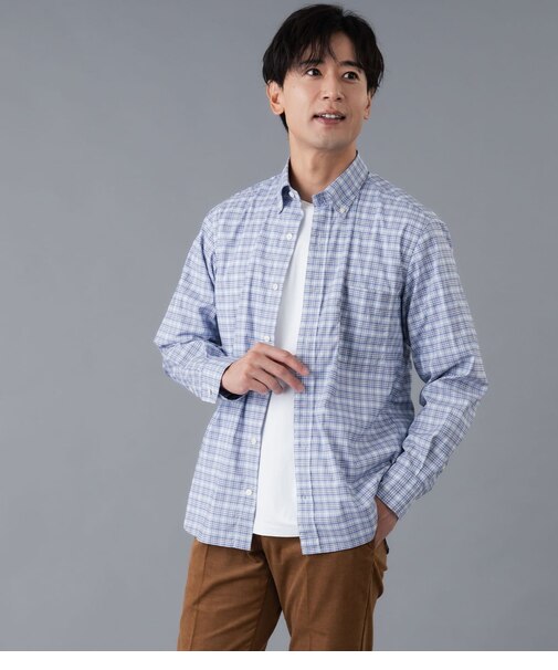 【ストレッチ】マルチオンチェック 長袖ショートボタンダウンシャツ