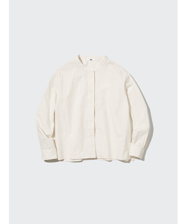 コットンストライプスタンドカラーシャツ（長袖）