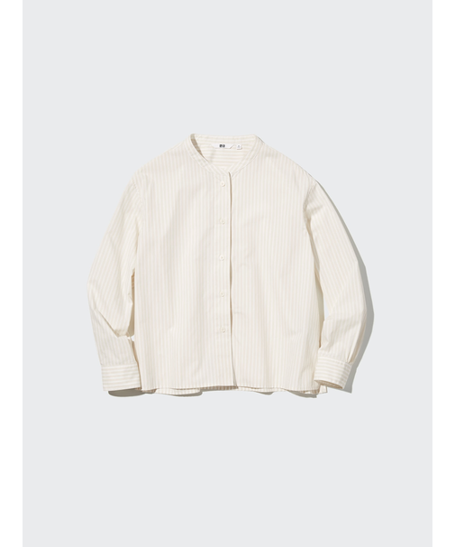 コットンストライプスタンドカラーシャツ（長袖）