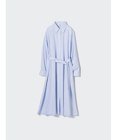 ストライプコットンAラインシャツワンピース(長袖・標準丈・110~121cm)