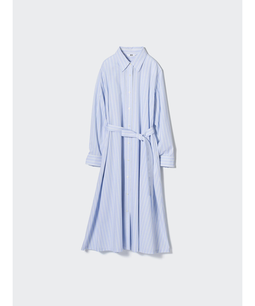 ストライプコットンAラインシャツワンピース(長袖・標準丈・110~121cm)