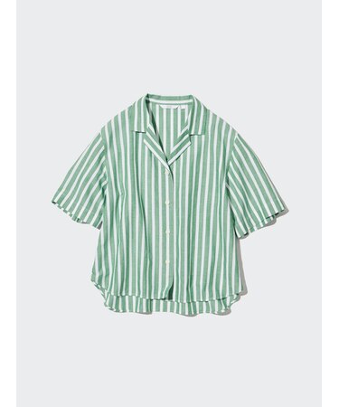 リネンブレンドストライプオープンカラーシャツ（半袖）