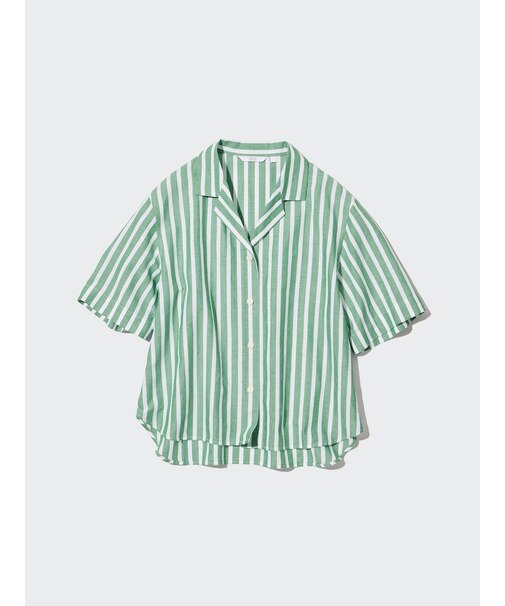 リネンブレンドストライプオープンカラーシャツ（半袖）