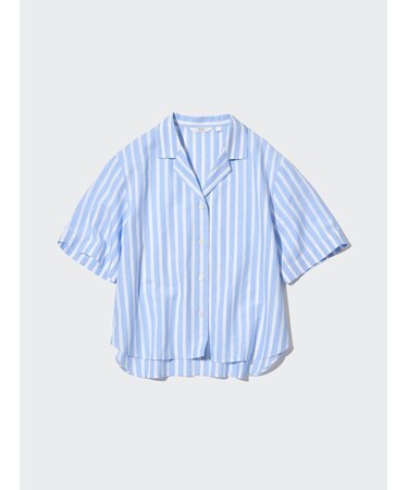 リネンブレンドストライプオープンカラーシャツ（半袖）