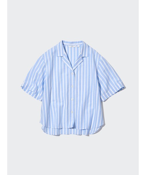 リネンブレンドストライプオープンカラーシャツ（半袖）