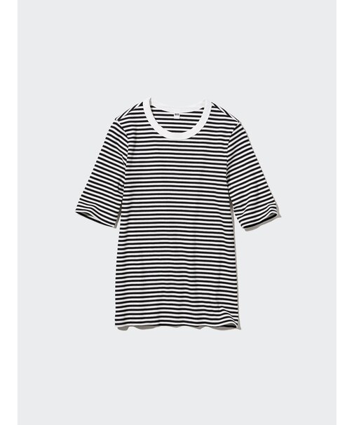 リブボーダークルーネックT（5分袖）