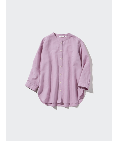 リネンブレンドバンドカラーシャツ/7分袖