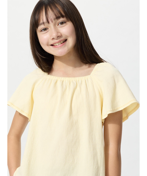 GIRLS ギャザーフレアスリーブTシャツ｜ユニクロの通販｜&mall