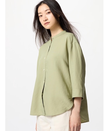 リネンブレンドバンドカラーシャツ/7分袖