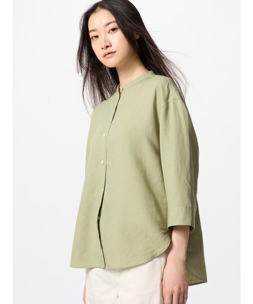 リネンブレンドバンドカラーシャツ/7分袖